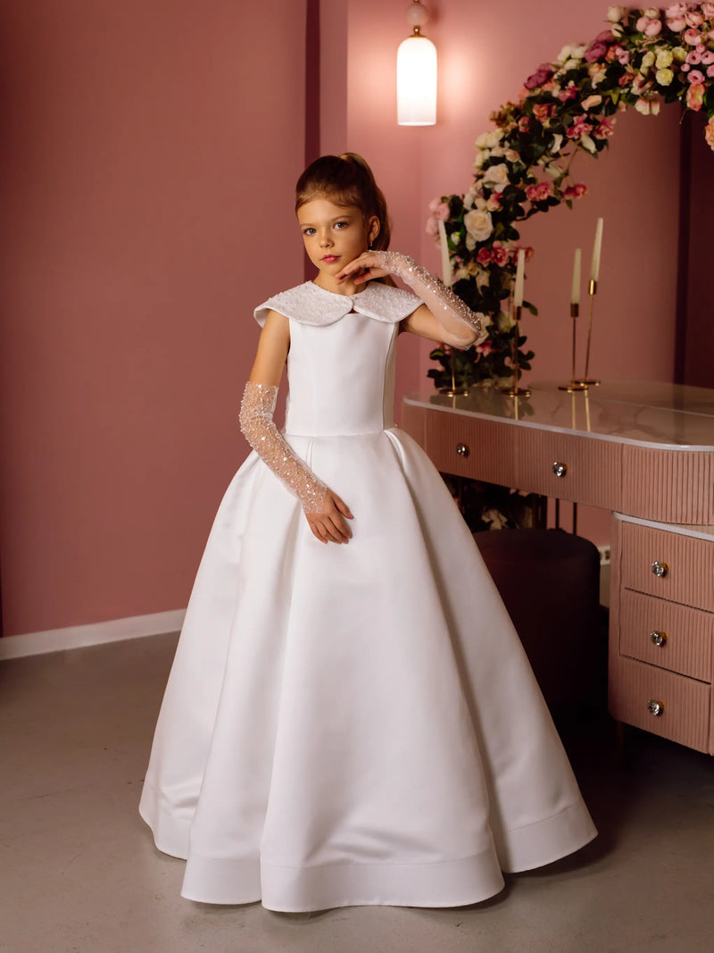 Evelina with sleeves and a collar satin flower girl dress