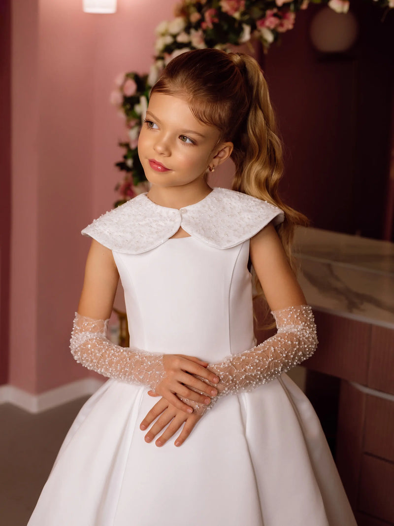 Evelina with sleeves and a collar satin flower girl dress