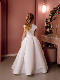 Evelina with sleeves and a collar satin flower girl dress