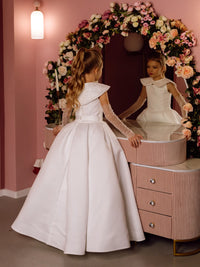 Evelina with sleeves and a collar satin flower girl dress