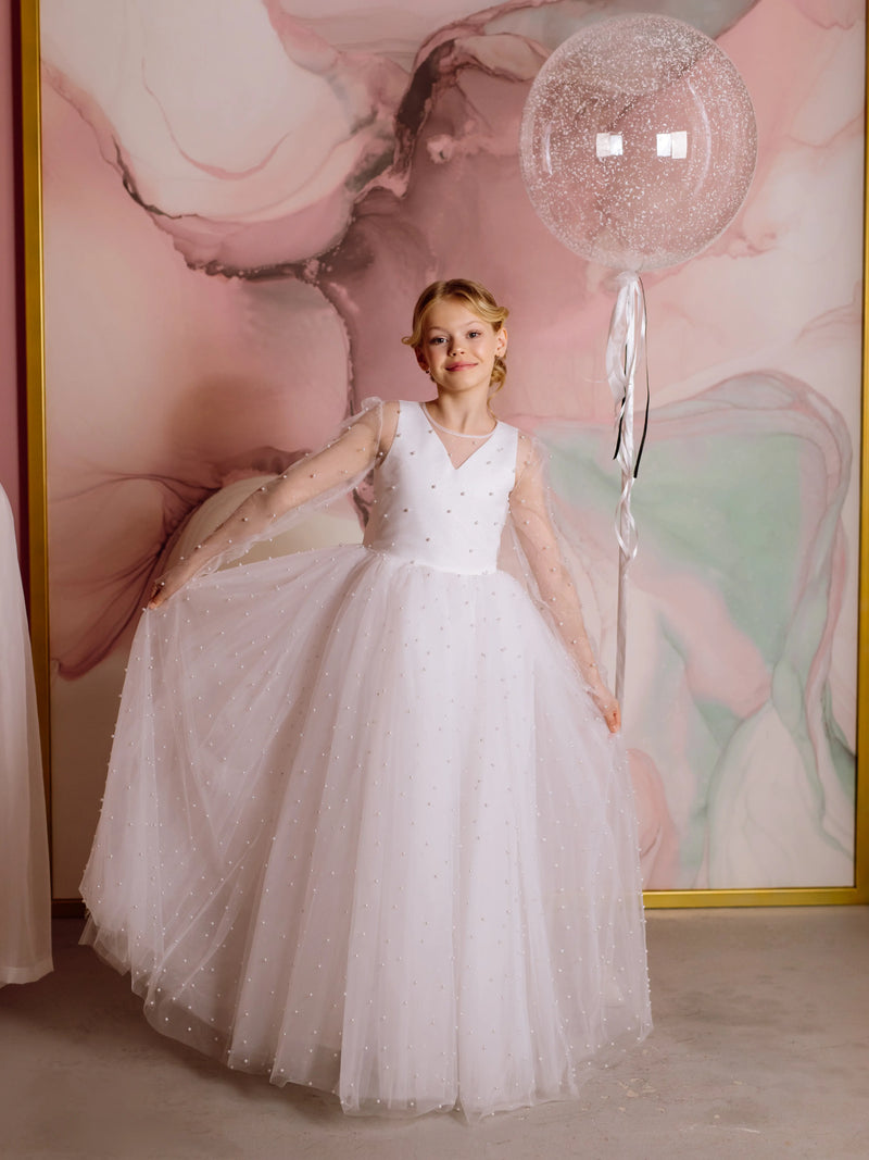 Pearl satin flower girl dress