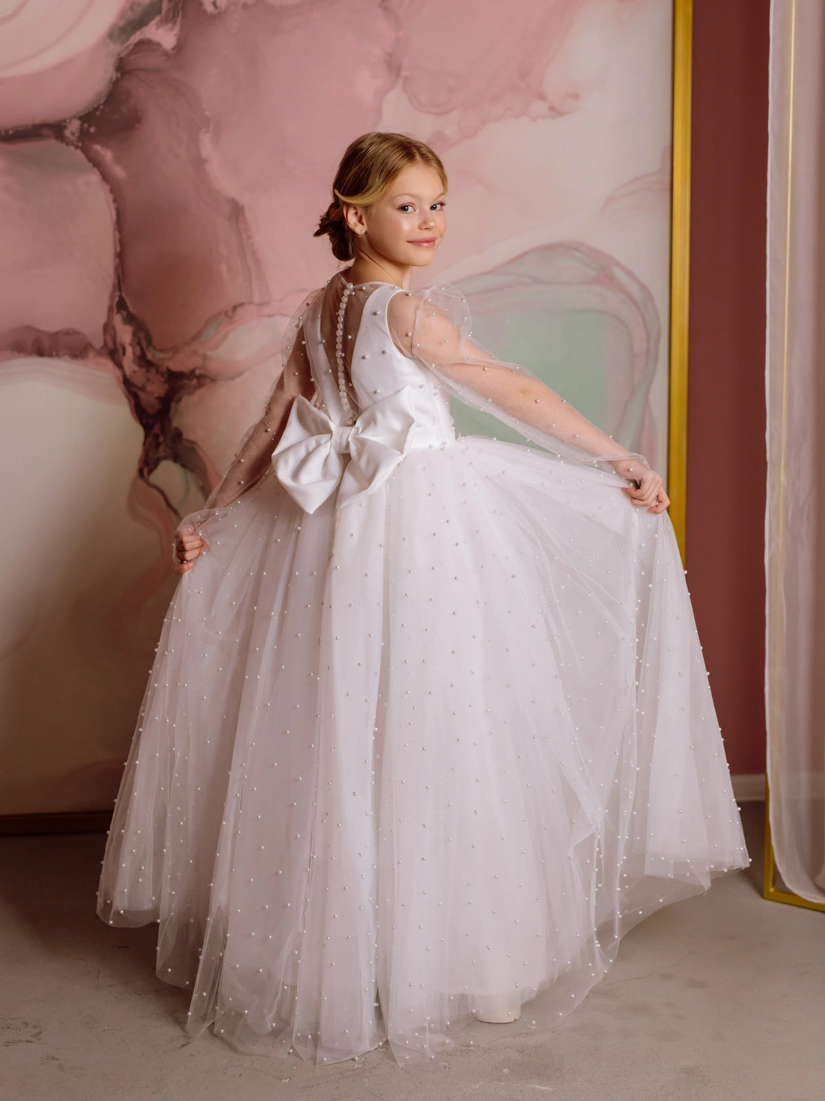 Pearl satin flower girl dress