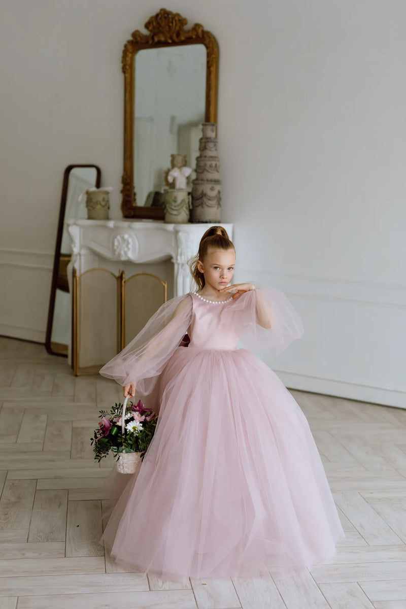 Fiona with sleeves satin flower girl dress