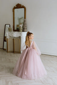 Fiona with sleeves satin flower girl dress