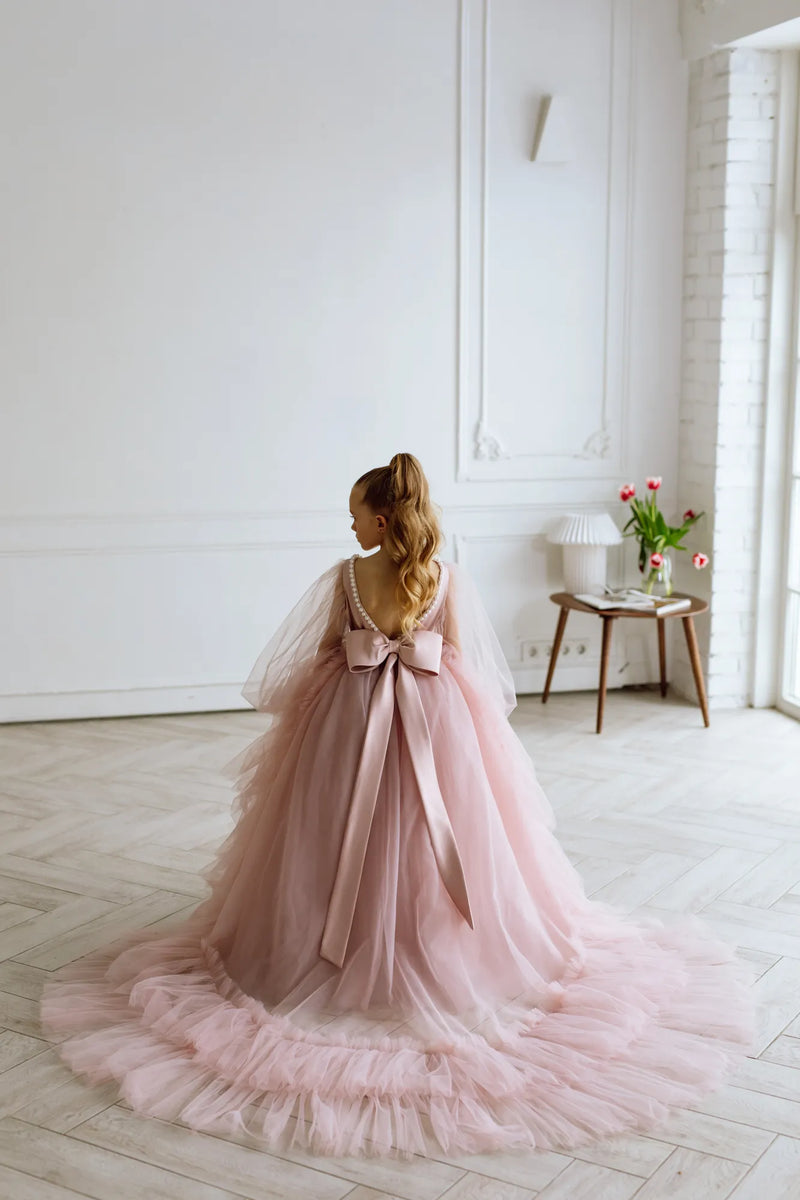 Fiona with sleeves satin flower girl dress