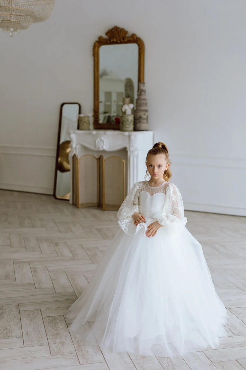 Odetta with sleeves tulle flower girl dress