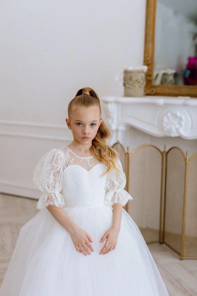 Odetta with sleeves tulle flower girl dress