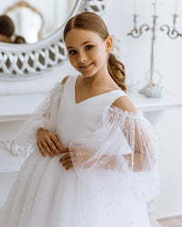 Pearl satin flower girl dress