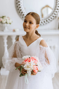 Pearl satin flower girl dress