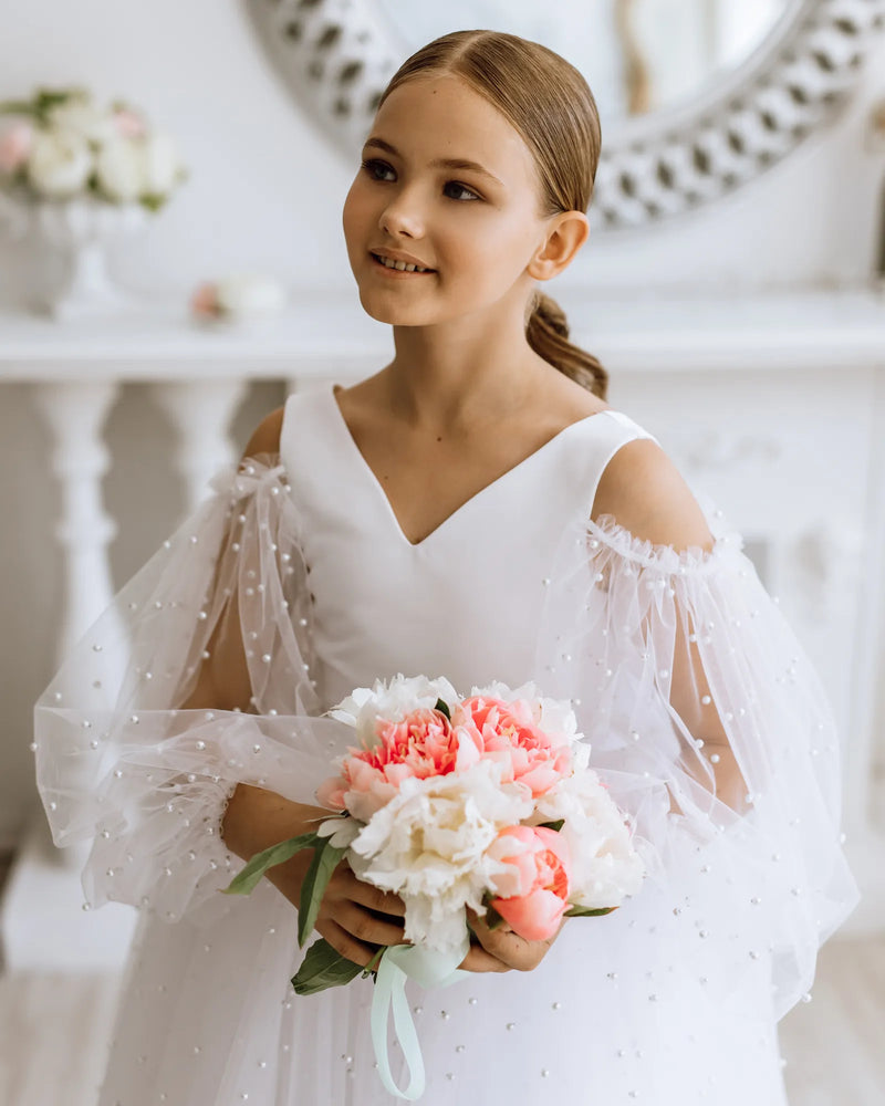 Pearl satin flower girl dress