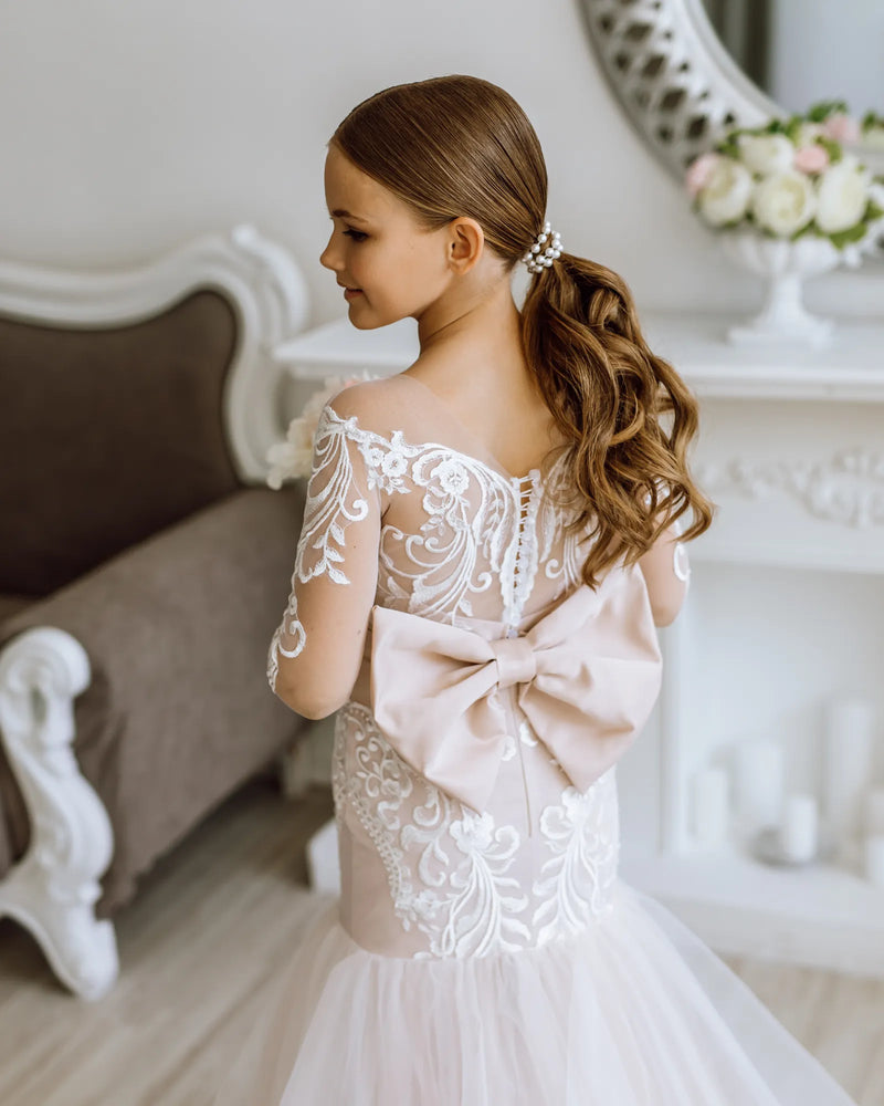 Versailles with the sleeves tulle lace satin flower girl dress