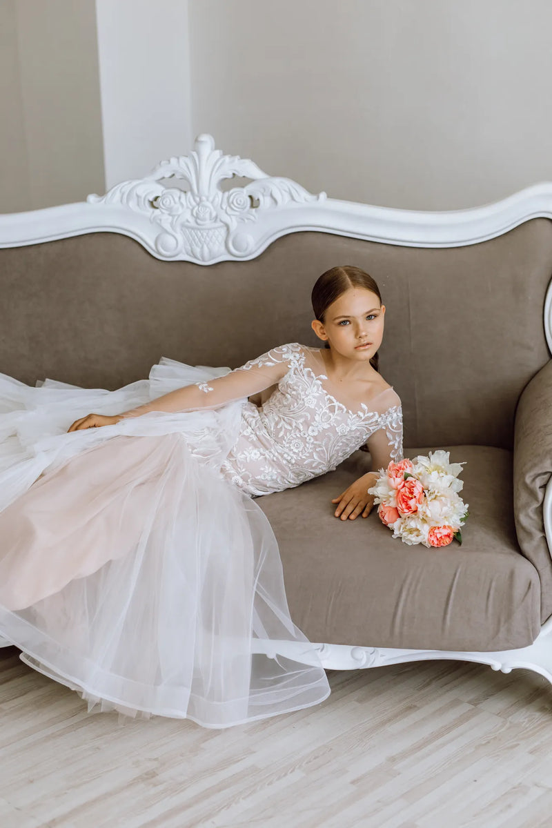 Versailles with the sleeves tulle lace satin flower girl dress