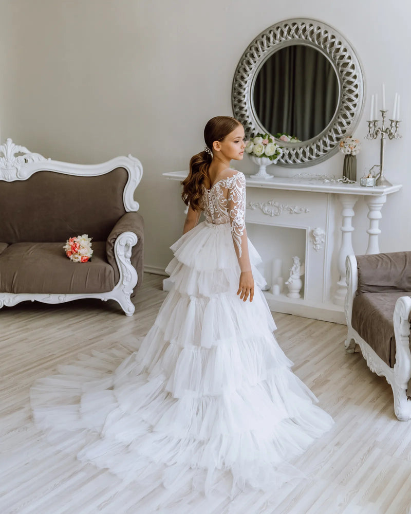 Versailles with the sleeves tulle lace satin flower girl dress