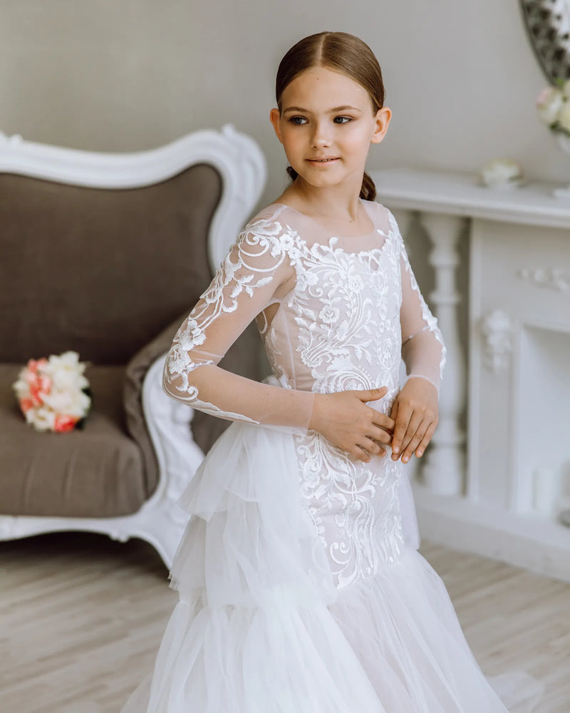 Versailles with the sleeves tulle lace satin flower girl dress