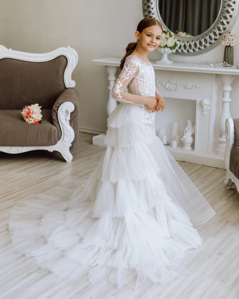 Versailles with the sleeves tulle lace satin flower girl dress