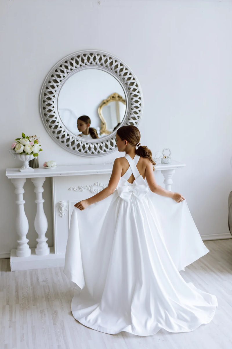 Vanessa with the bow satin flower girl dress