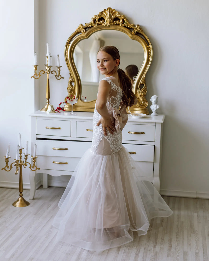 Versailles tulle lace satin flower girl dress