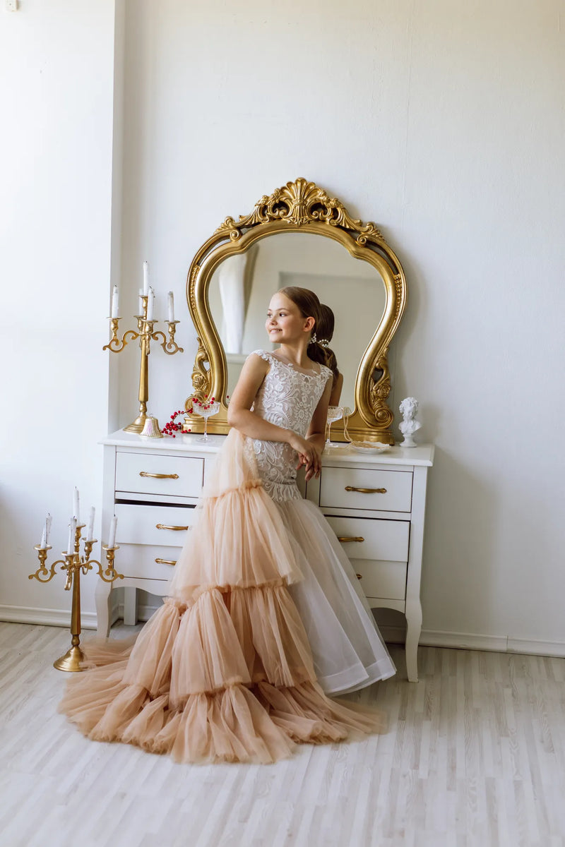 Versailles tulle lace satin flower girl dress